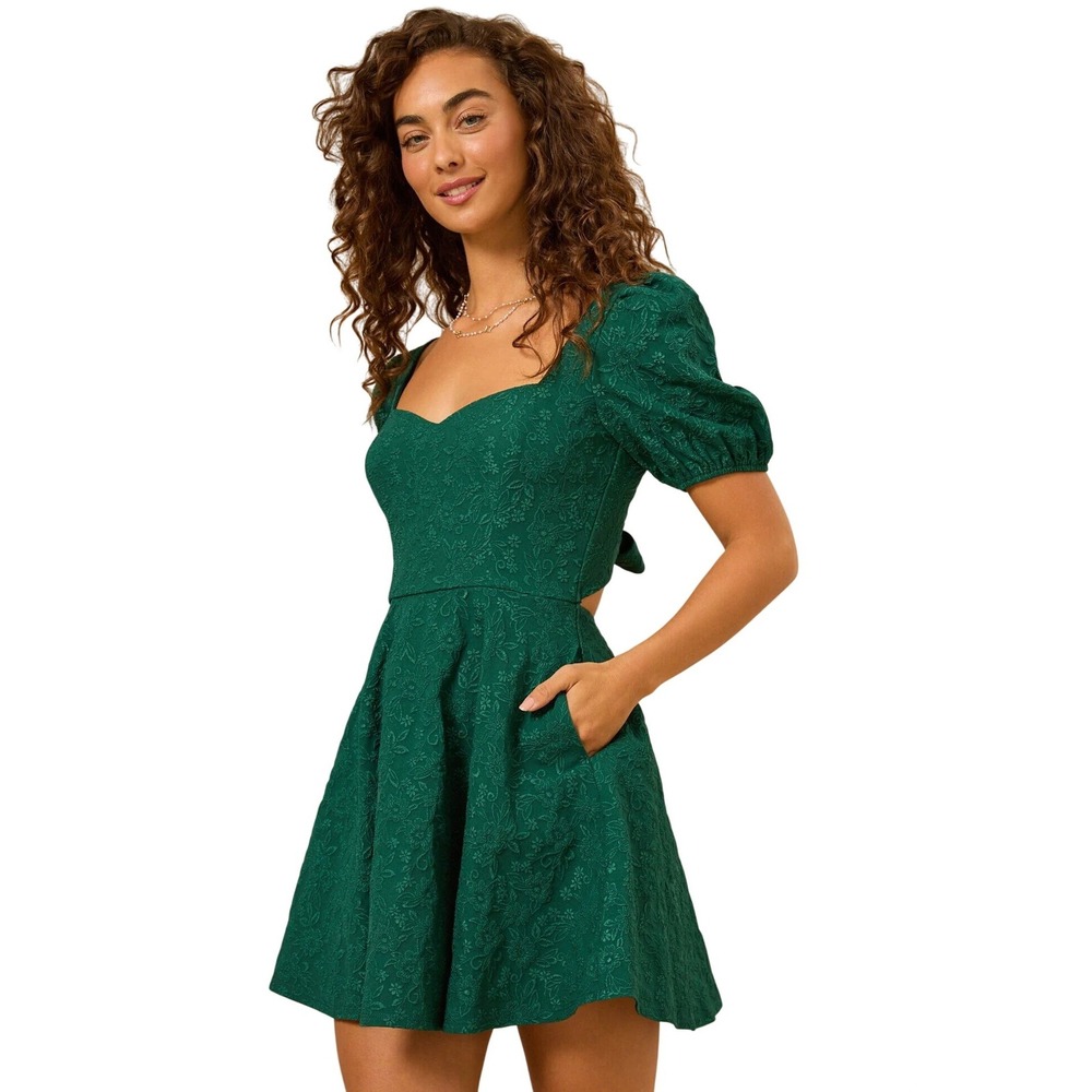 Altar State Emerald Green Floral Puff Sleeve Tie Back Cecelia Mini Dress Size XL